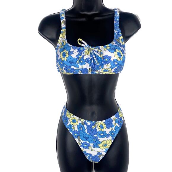 New Blue Ruched Floral Print Square Neck Y2K Bikini 90's Swimsuit Beach Retro - Picture 1 of 7